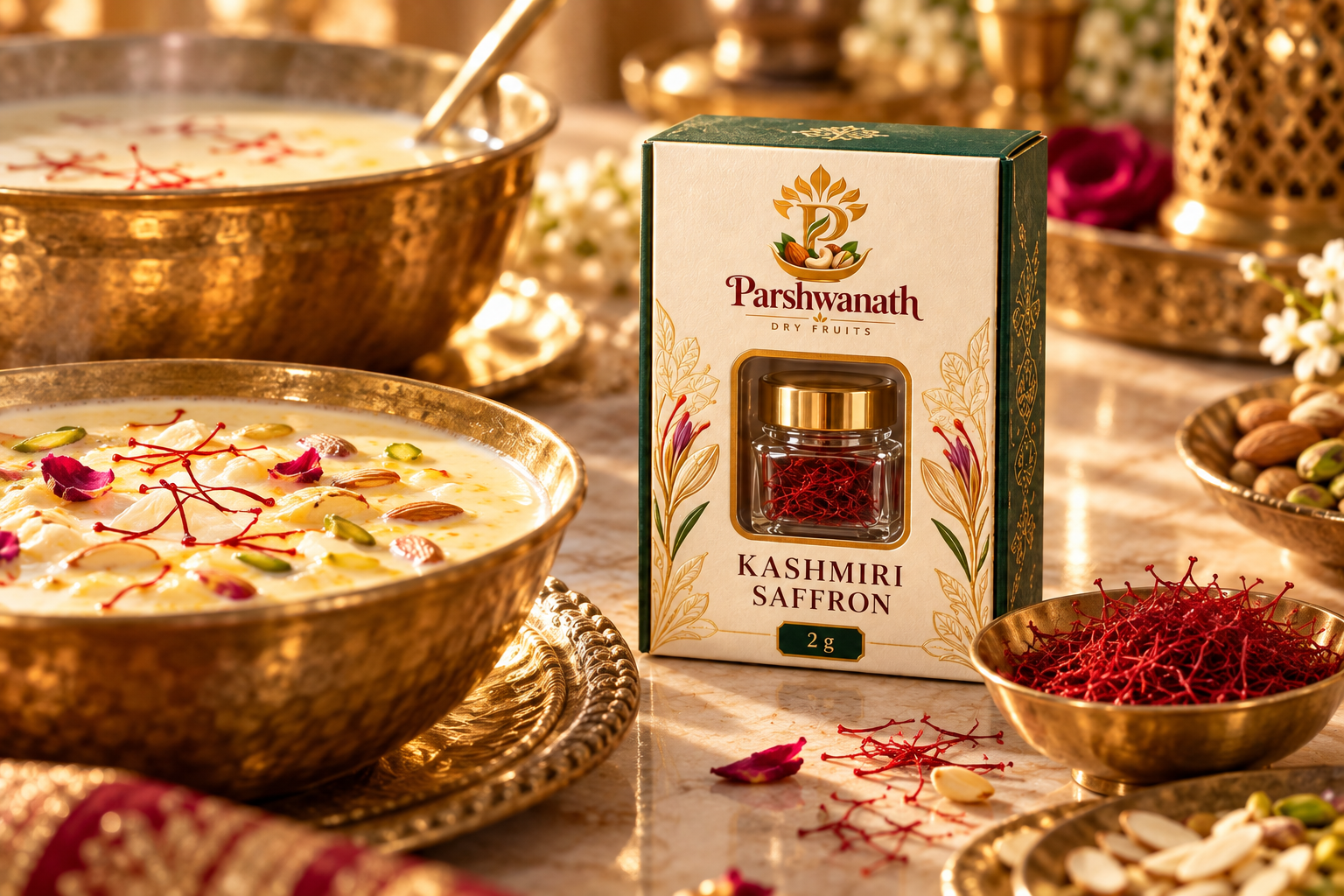 Branded Kashmiri Saffron packshot showing the real product reference and available pack sizes