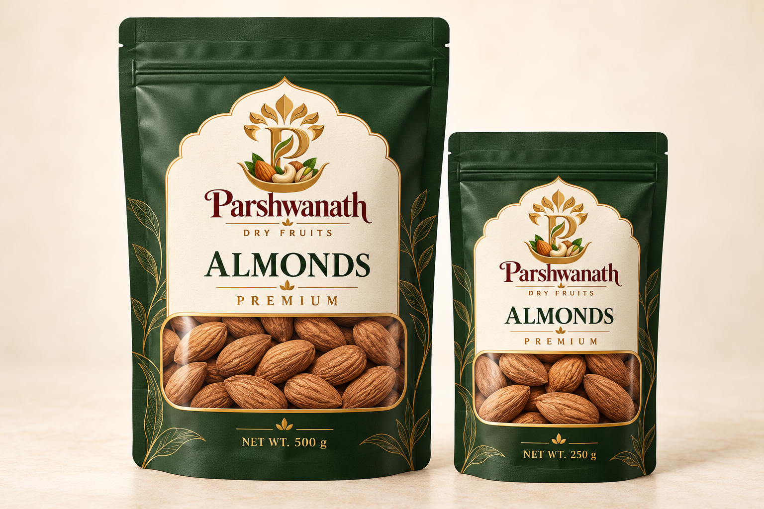 AI-generated branded Almonds packshot using the official logo and almond reference
